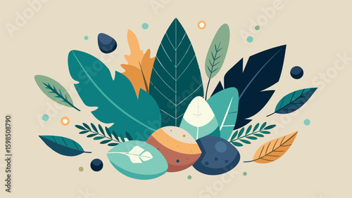 A mixed media piece incorporating elements of nature such as leaves feathers and stones representing the connection between hope and the natural. Vector illustration