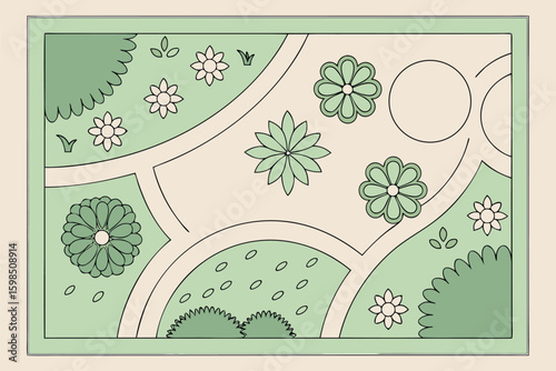 Green and beige garden plan illustration with flowers
