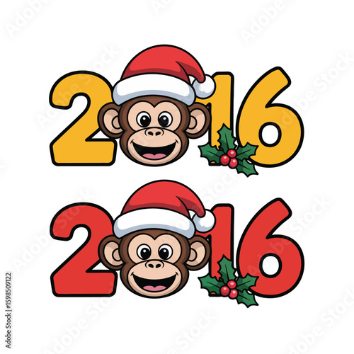 Cute cartoon monkeys wearing santa hats with the year 2016