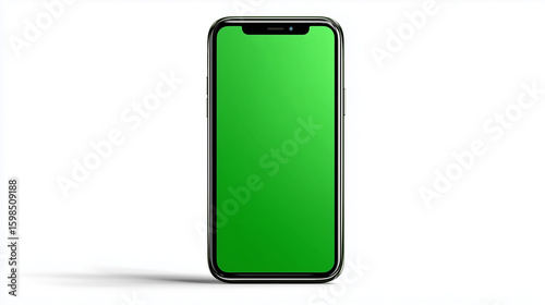 front view realistic standing smartphone with green screen isolated on white background, smart phone chroma key mobile mockup