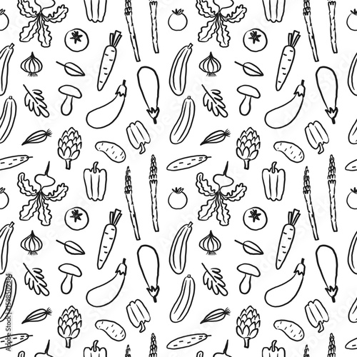 Seamless pattern with vegetables. Repeating background with paprika, onion, mushrooms, leaf, potato, carrot, tomato, asparagus, eggplant, radish, cucumber, vegetable harvest. Vector illustration