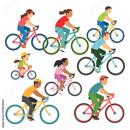 Diverse group of children and adults enjoying bicycle rides outdoors