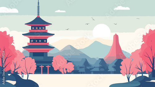 Japanese Culture and Landmark Vector Illustration
