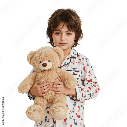 Young child in pajamas lovingly holds a plush teddy bear, conveying comfort and innocence