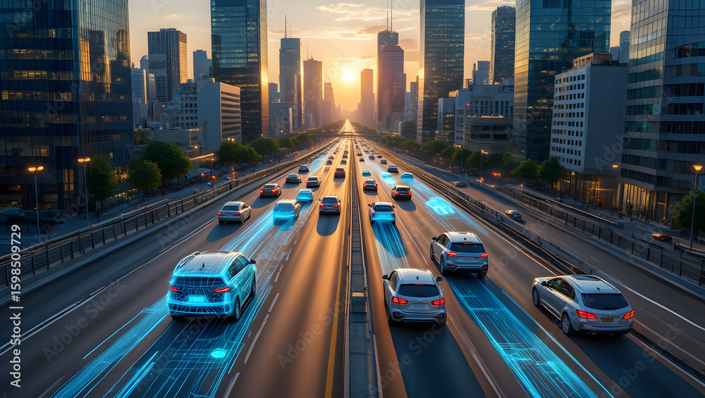 Obraz premium Urban Commute Highway: A futuristic cityscape features self-driving cars navigating a high-speed highway, bathed in the warm glow of a setting sun and a vibrant urban environment.