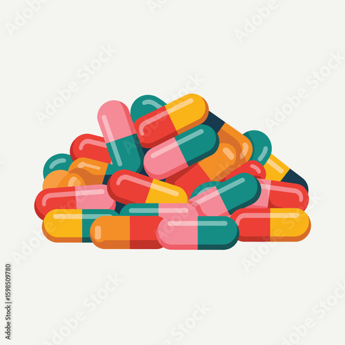 Pile of colorful pharmaceutical capsules on a light background