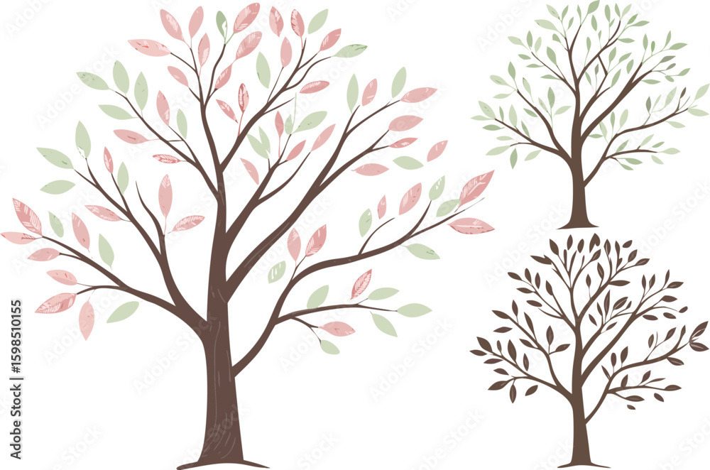Obraz premium Three watercolor trees with pink and green leaves illustration