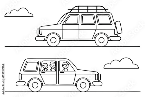Two black line art vehicles with people and clouds