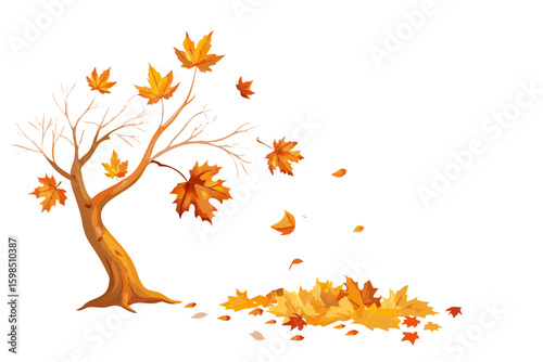 Autumn tree shedding golden leaves with a pile on the ground