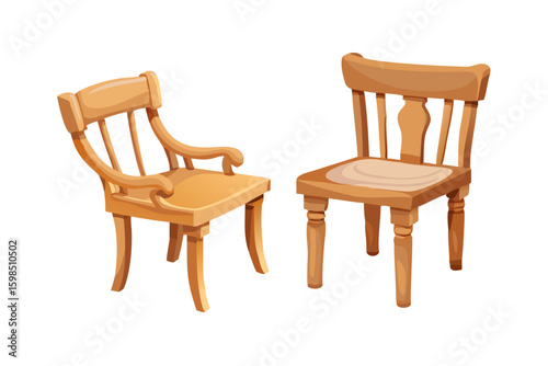 Two wooden chairs with a simple design on a black background