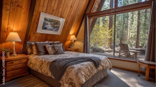 Cozy bedroom with a panoramic view of the forest.