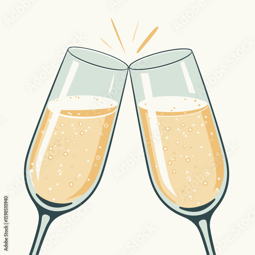 Two champagne glasses clinking together in celebration