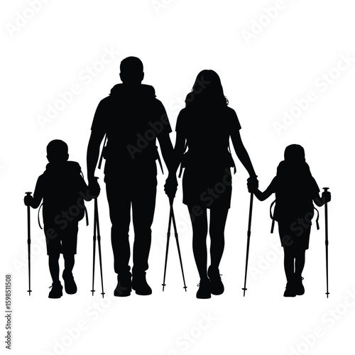 Family hiking together with backpacks and trekking poles