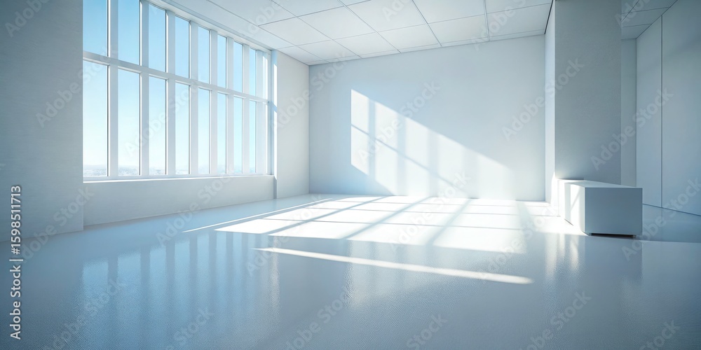 Obraz premium Urban Exploration Photography: White Room Interior, Shadowy Windows, Presentation Space