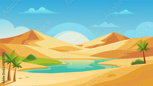 A calming desert oasis with rolling sand dunes and a peaceful oasis providing a sense of relaxation and serenity.. Vector illustration