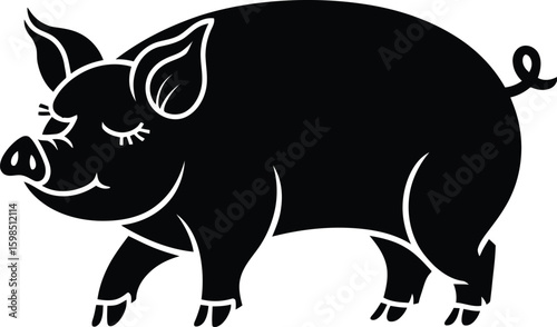 Pig vector in black color - Wild animal illustration.