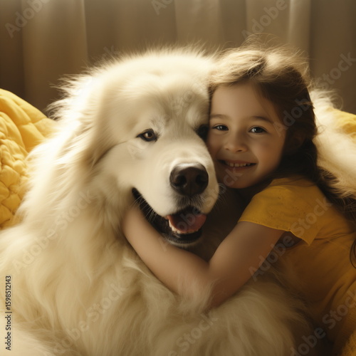 Happy young child holding a friendly samoyed, both looking at the viewer