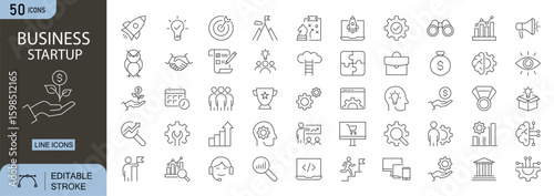 Startup business icons set. Includes icons for innovation, strategy, pitch, funding, growth, team, vision, and entrepreneurship. Line icons. Perfect for infographics.