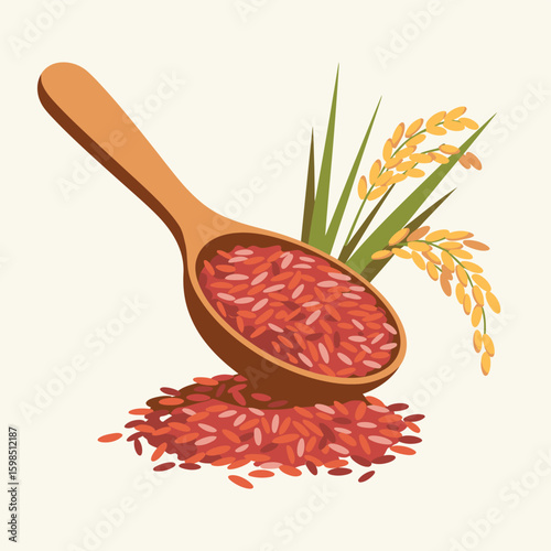 Wooden spoon filled with red rice and rice stalks