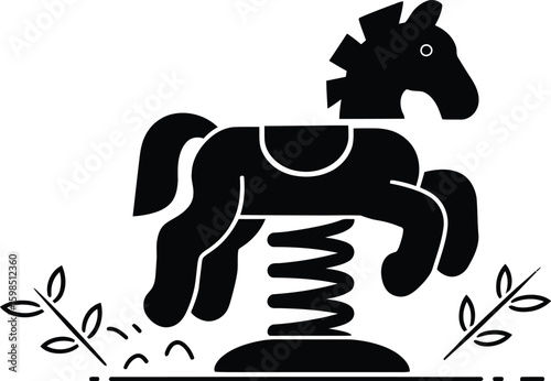 Black and White Spring Horse Toy Vector – Minimal Playground Ride Illustration.