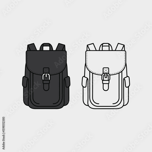 Two stylized backpacks one black and one white outline on a light gray background