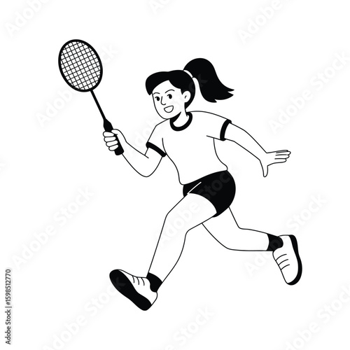 Young girl playing badminton with a racket and shuttlecock