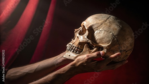 A contemplative moment Hamlet s skull held in caring hands against a dramatic red lit background