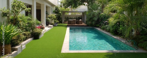 Lush Synthetic Grass Carpet in a Contemporary Home Garden Setting with Poolside View for Landscape Design Use