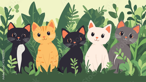 Playful Kittens Garden Illustration - Cute Five Cats Frolicking Outdoors