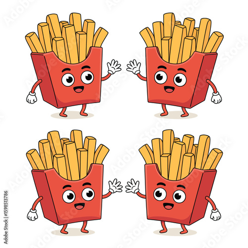Four cute cartoon french fries characters giving high fives