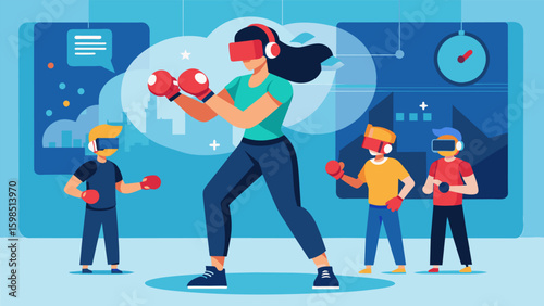 A kickboxing instructor leading a virtual clinic using VR gloves and sensors to track and improve students punching and kicking techniques.. Vector illustration