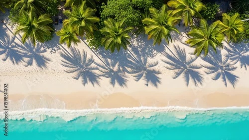 Aerial view of tropical beach paradise with palm trees sand and ocean waves summer vacation travel