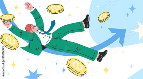 Financial growth or money increase clipart. Vector wealthy man lying among dollar coins. Symbol for abundance and finance income, carefree lifestyle. Entrepreneur character profit or earnings. Finance