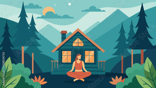 A cozy cabin in the woods featuring gentle yoga poses to help you wind down after a long day in the virtual world.. Vector illustration