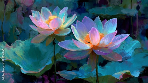  Colorful multicolor lotus flower in full bloom on water