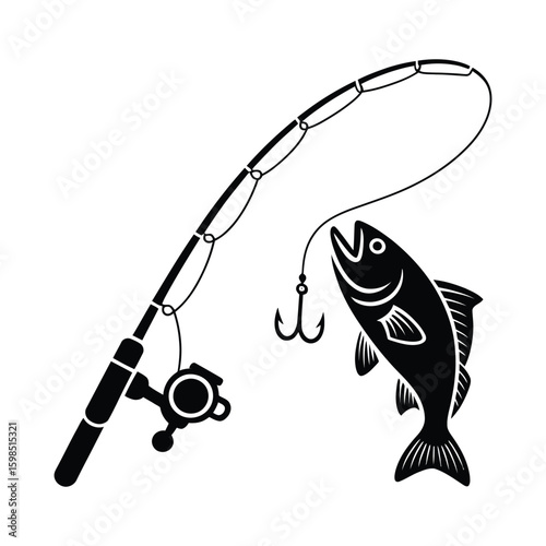 Fishing rod with caught fish silhouette isolated on white background
