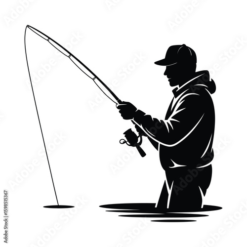 Fisherman casting a line silhouette isolated on white background