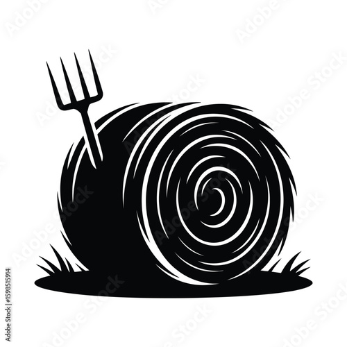Farm pitchfork stuck in hay bale silhouette isolated on white background