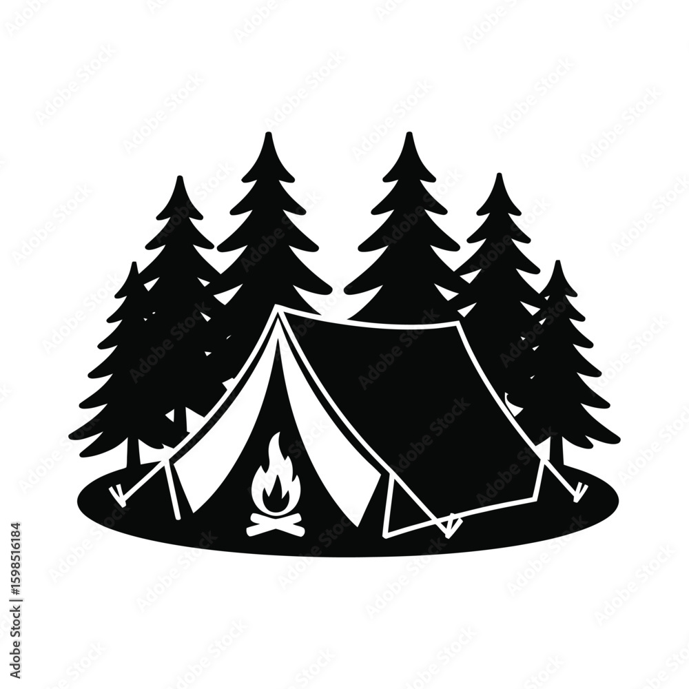 Obraz premium Camping tent and campfire silhouette in forest isolated on white background