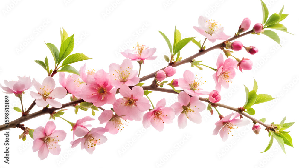 Obraz premium A closeup view of a blooming cherry blossom branch showcases its intricate pink petals and vibrant green leaves against a stark white backdrop isolated on
