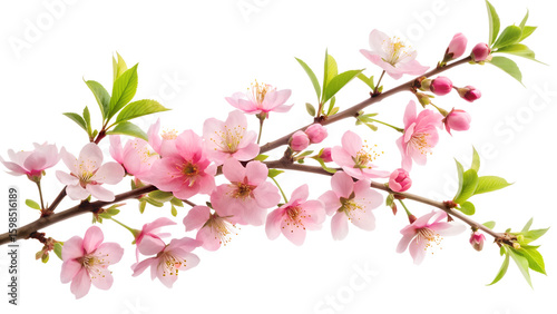 Wallpaper Mural A closeup view of a blooming cherry blossom branch showcases its intricate pink petals and vibrant green leaves against a stark white backdrop isolated on Torontodigital.ca