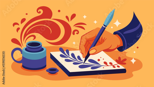 A hand dipping a calligraphy pen in ink ready to write down words of gratitude in a journal decorated with intricate designs and patterns.. Vector illustration