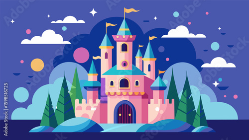 A magical fairytale castle with intricate details and whimsical characters inviting the artist to let their creativity roam free.. Vector illustration