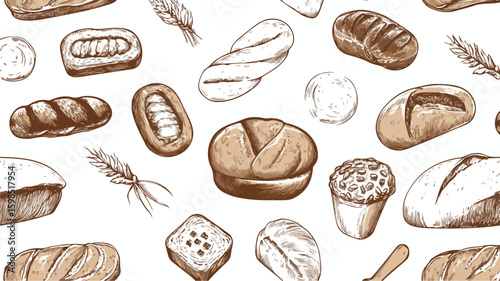 Sketchy White and Brown Bakery Bread Seamless Pattern Background