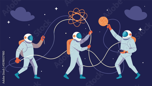 A group of astronauts sit in zero gravity sculpting intricate wire figures with their hands showcasing the endless possibilities of creating art. Vector illustration