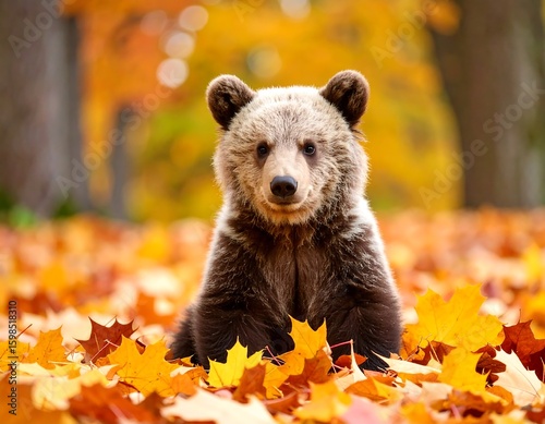 Cute bear in autumn leaves