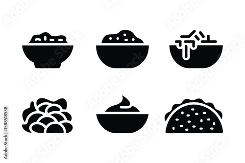 Black food icons for tacos and bowls ingredients salsa