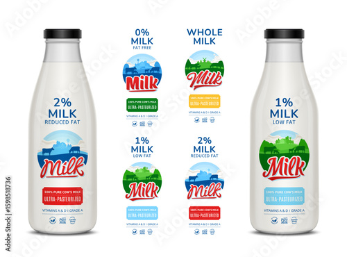 Set of vector milk labels. Milk glass bottles with labels