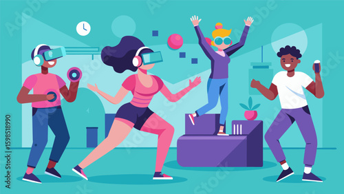 A fitnessfocused VR dance party with virtual trainers guiding and motivating participants to move and groove.. Vector illustration