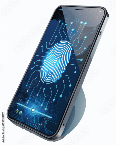 "A modern smartphone with a glowing fingerprint biometric scan on the screen